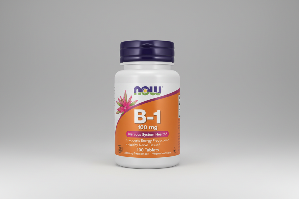 Supplement bottle labeled 'B-1 100 mg' with Now brand on a white background