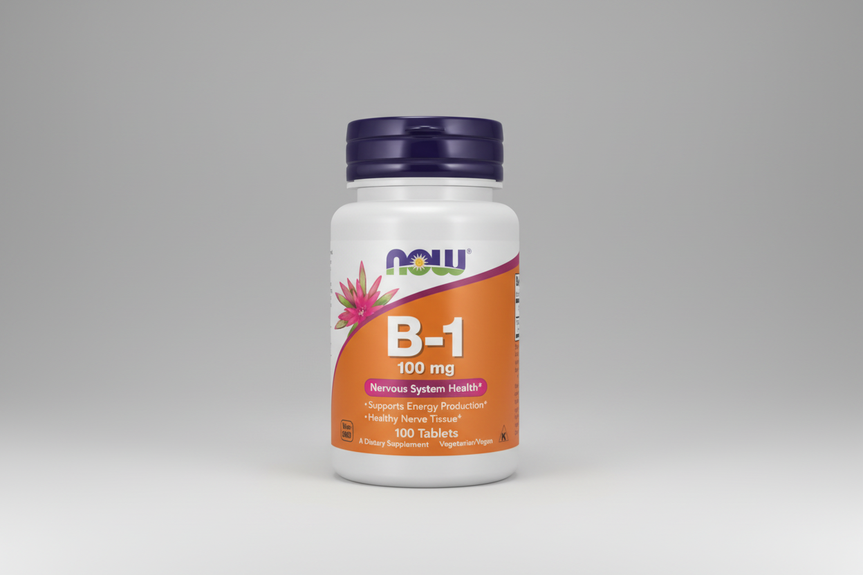 Supplement bottle labeled 'B-1 100 mg' with Now brand on a white background