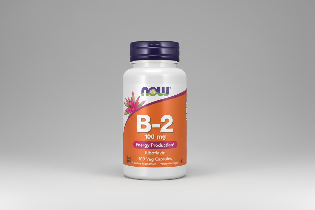 Supplement bottle labeled 'B-2' with Now brand on a white background
