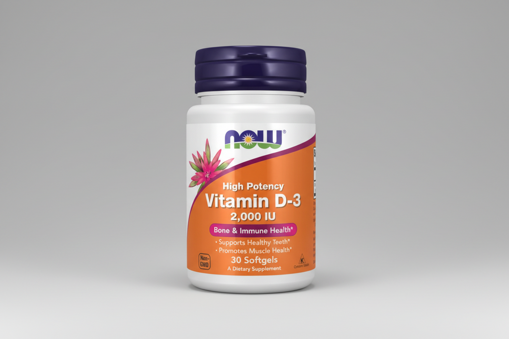 Supplement bottle labeled 'High Potency Vitamin D-3' with NOW brand on a white background