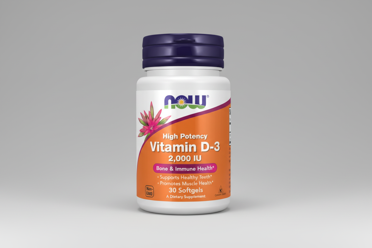 Supplement bottle labeled 'High Potency Vitamin D-3' with NOW brand on a white background