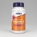 Supplement bottle labeled 'Vegetarian, Dry Vitamin D' with NOW brand on a white background