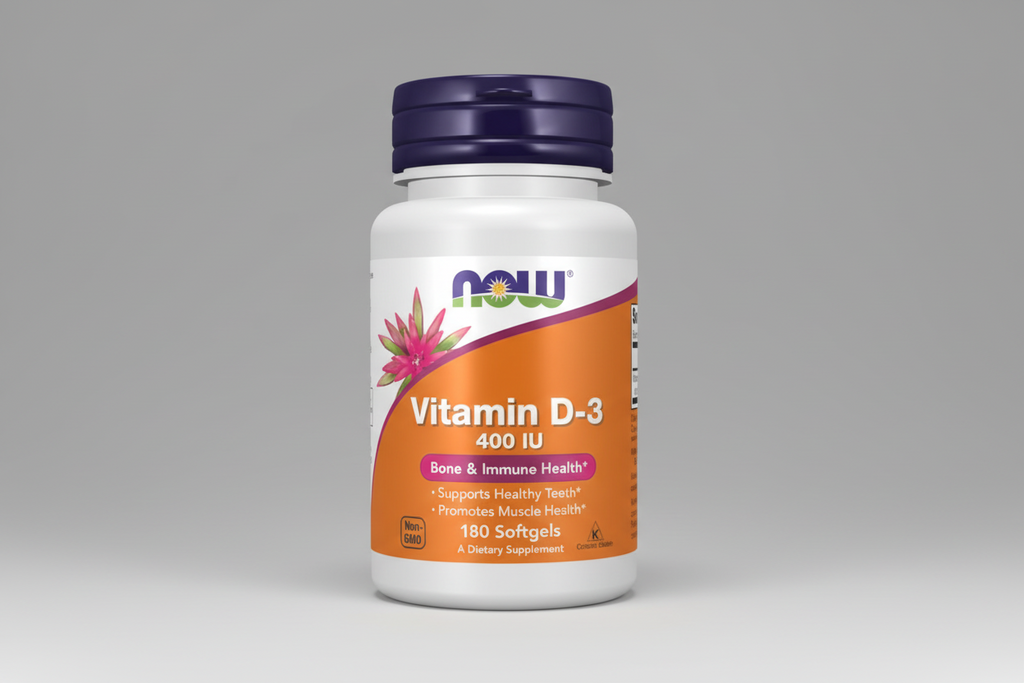 Supplement bottle labeled 'Vitamin D-3' with Now brand on a white background