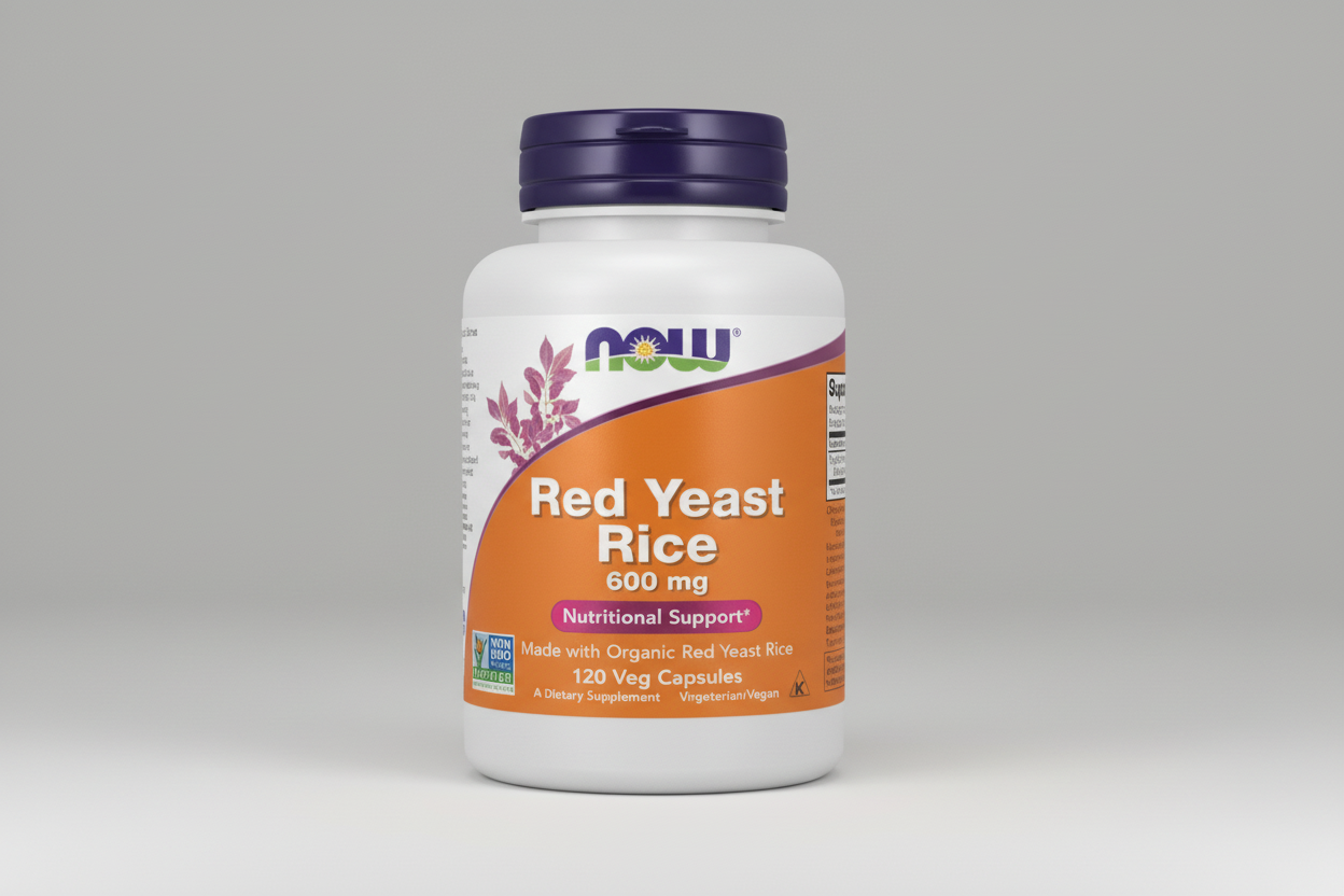 Supplement bottle labeled 'Red Yeast Rice' with NOW brand on a white background