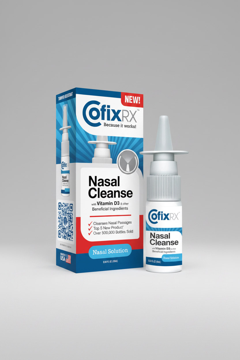 CofixRX nasal cleanse solution with packaging on a white background