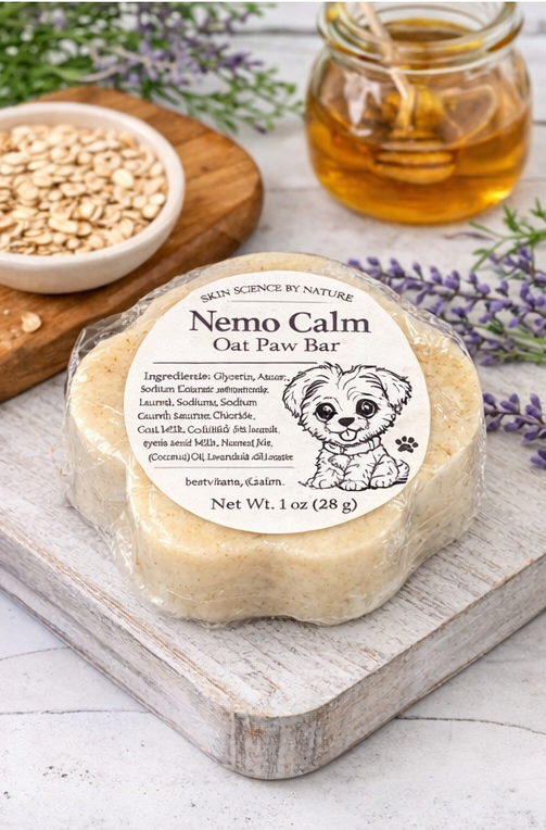 Nemo Calm Oat Paw Bar on a wooden board with honey and lavender in the background
