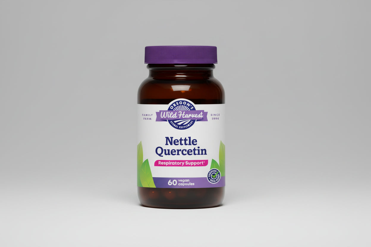Bottle of Nettle Quercetin supplement with a purple cap and label.