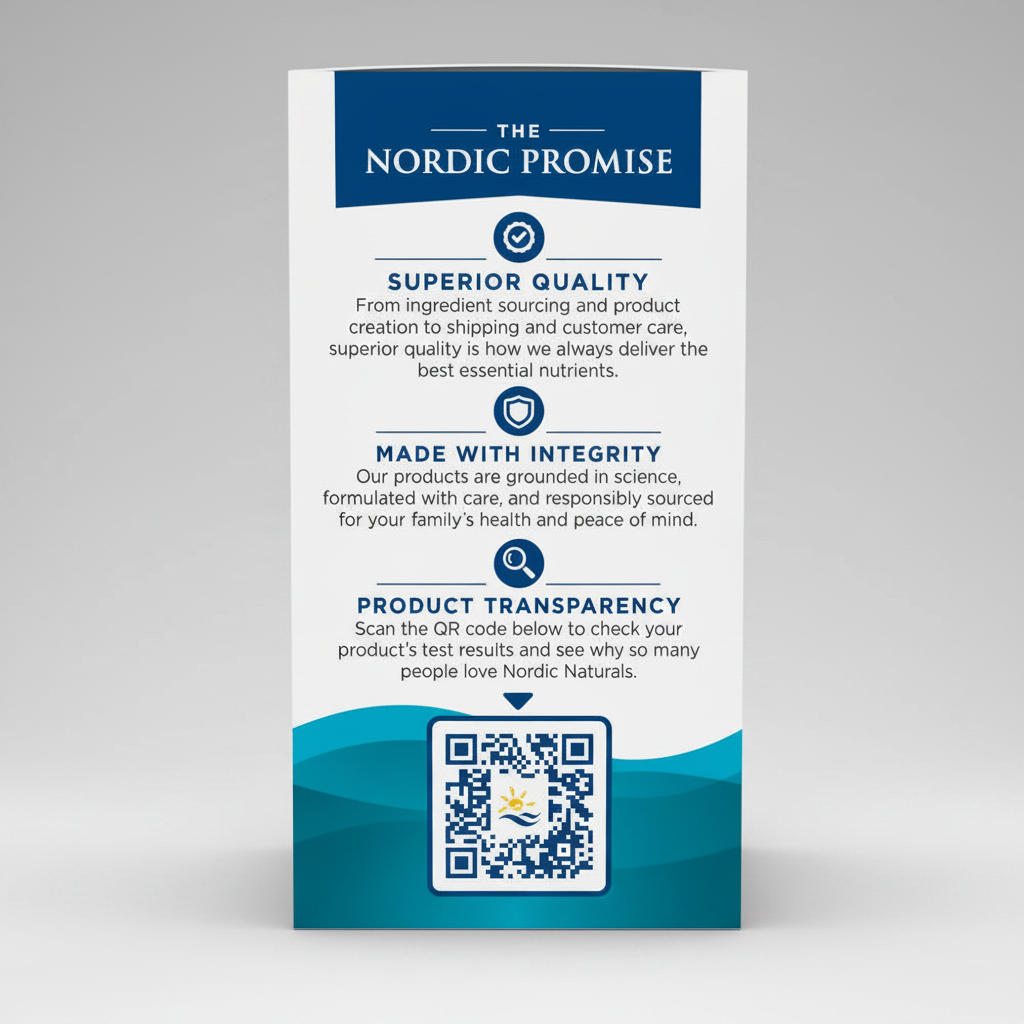 Nordic Promise product packaging with text about quality, integrity, and product transparency on a white background.