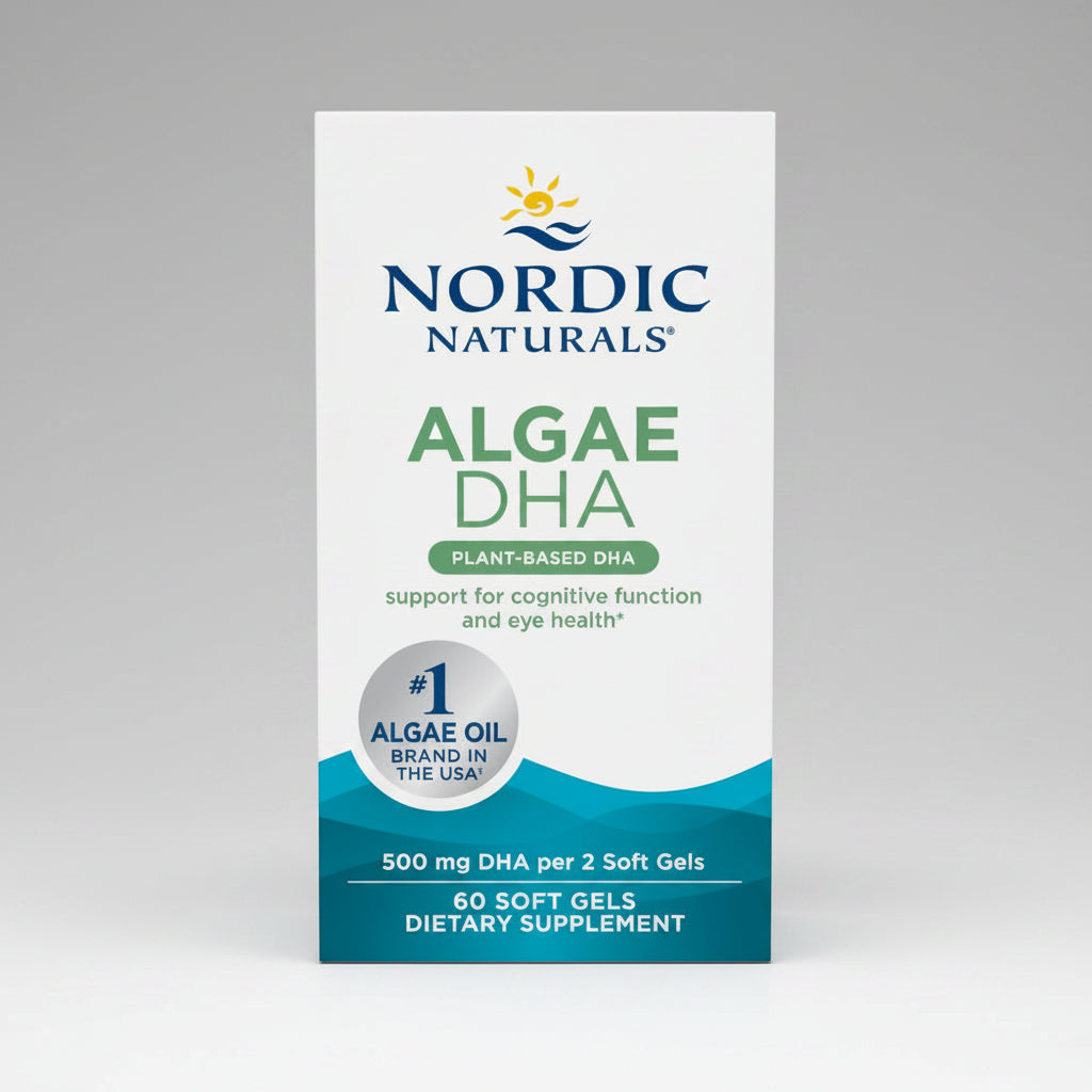 Nordic Naturals Algae DHA dietary supplement packaging on a white background