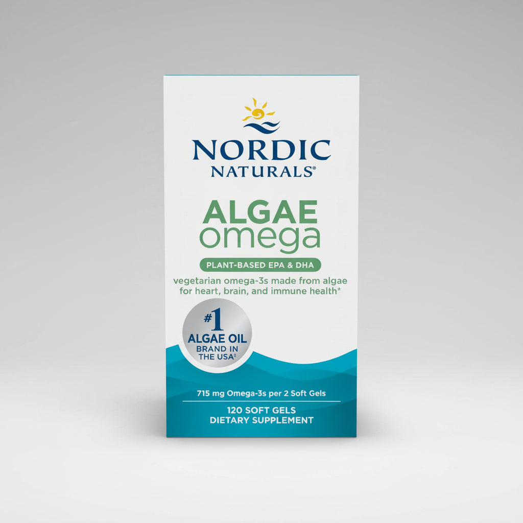 Nordic Naturals Algae Omega supplement package on a white background