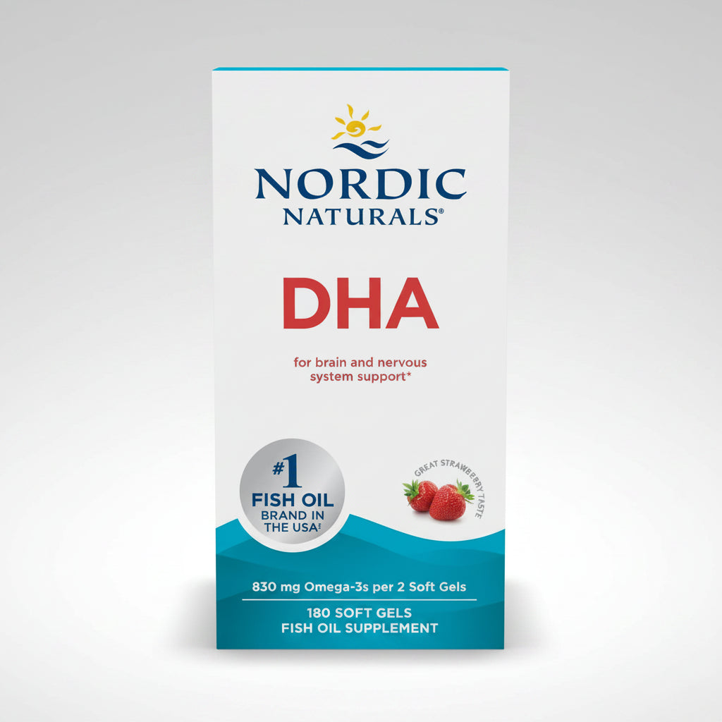 Nordic Naturals DHA fish oil supplement packaging on a white background