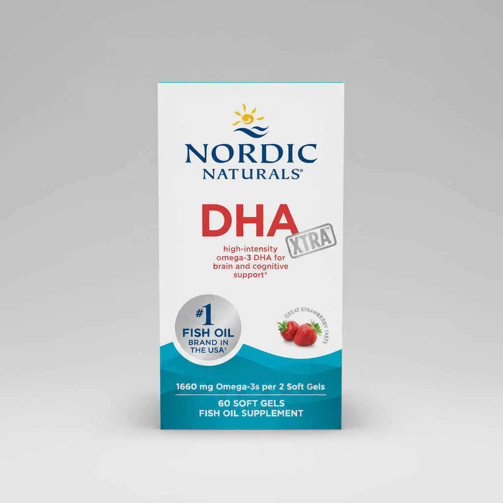 Nordic Naturals DHA fish oil supplement packaging on a white background