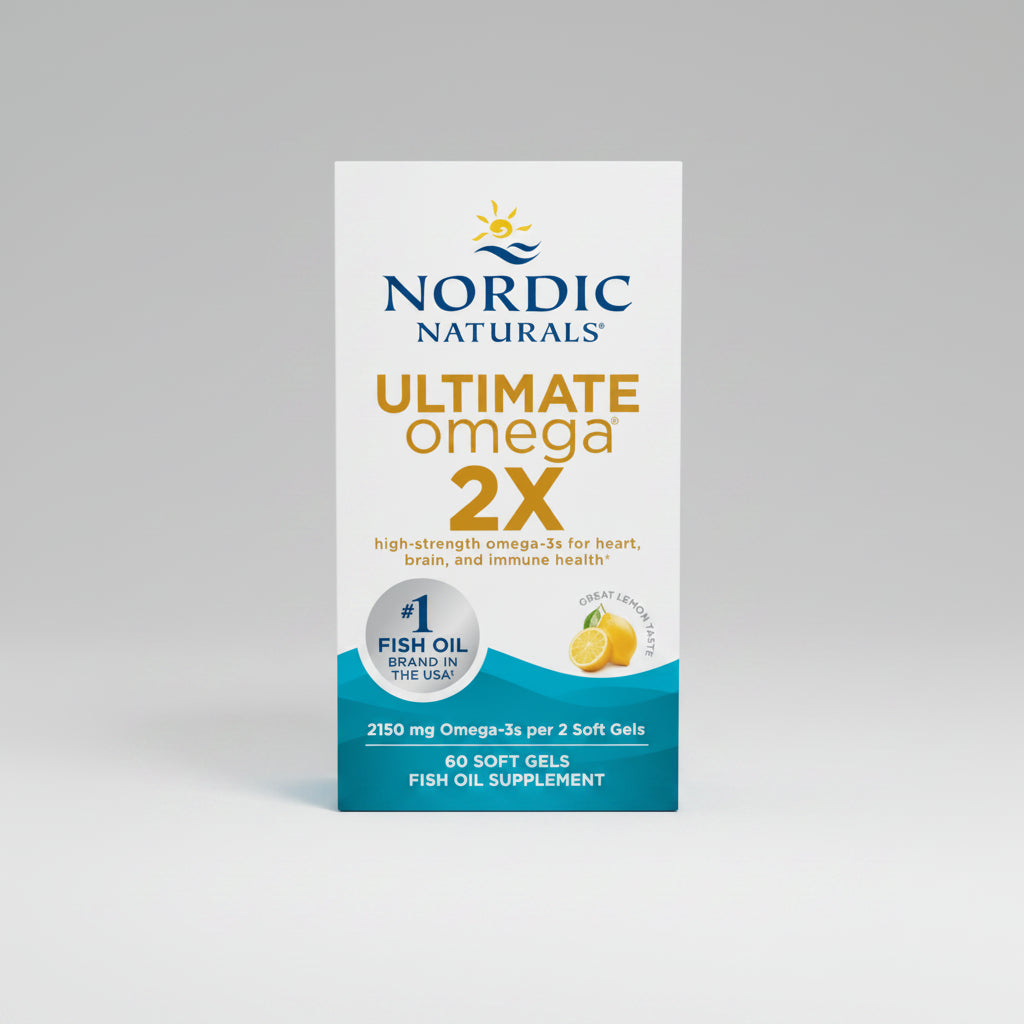 Nordic Naturals Ultimate Omega 2X fish oil supplement packaging on a white background