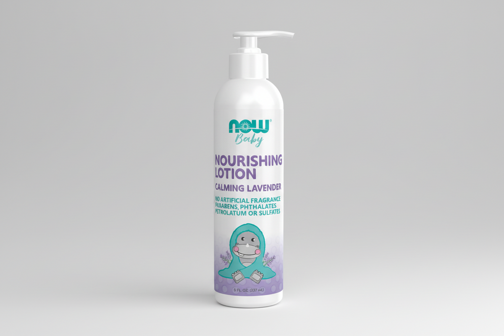 Baby lotion bottle with 'NOW' branding on a white background