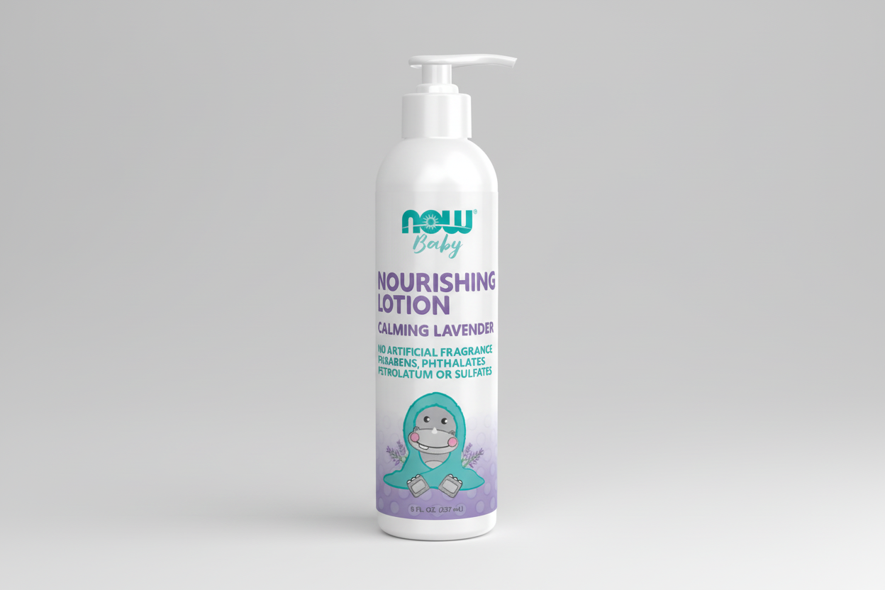 Baby lotion bottle with 'NOW' branding on a white background