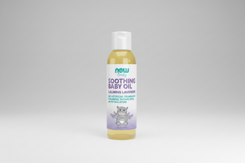 Bottle of Now Baby Soothing Baby Oil with lavender flavor on a white background