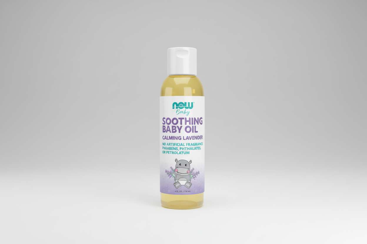 Bottle of Now Baby Soothing Baby Oil with lavender flavor on a white background