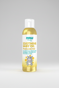 Bottle of Now Baby Soothing Baby Oil on a white background