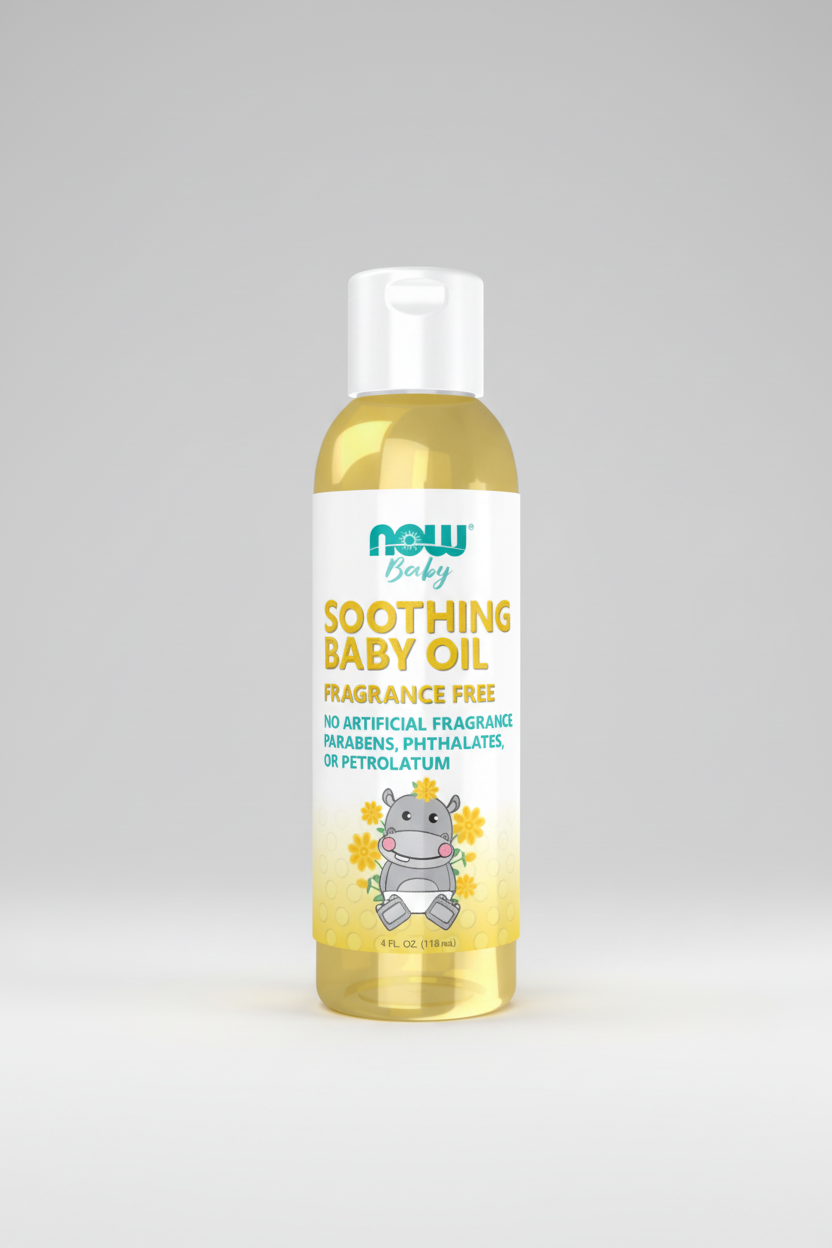 Bottle of Now Baby Soothing Baby Oil on a white background