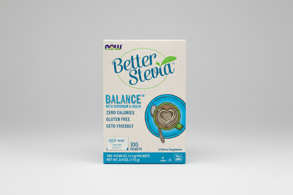 Box of Better Stevia Balance with a heart-shaped stevia leaf on a white background