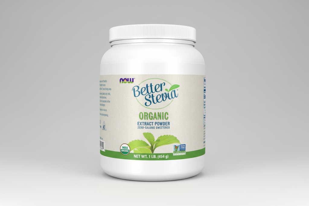 Container of Better Stevia Organic Extract Powder on a white background