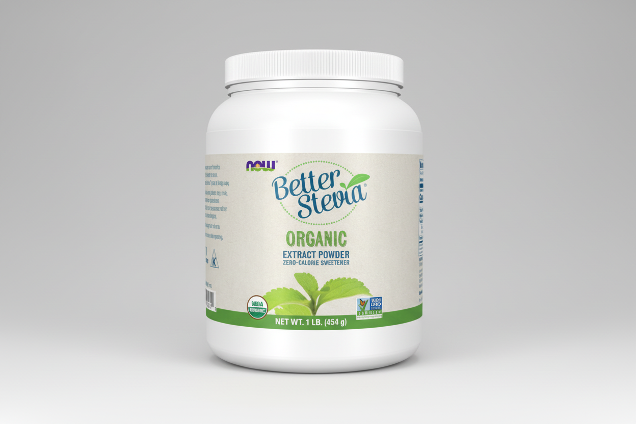 Container of Better Stevia Organic Extract Powder on a white background