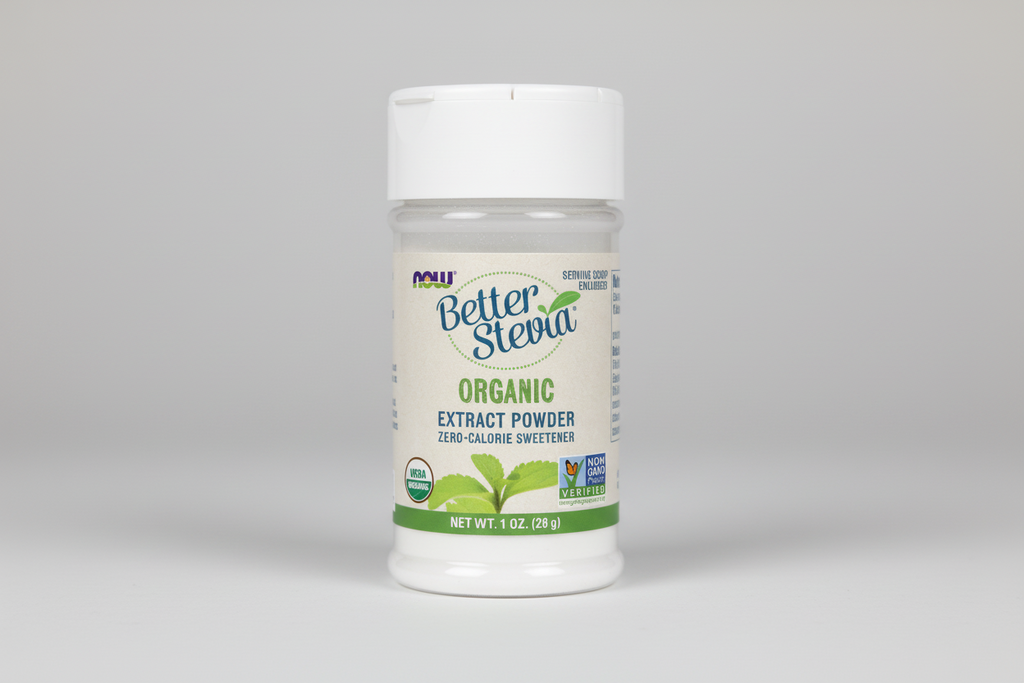 Bottle of Better Stevia Organic Extract Powder on a white background