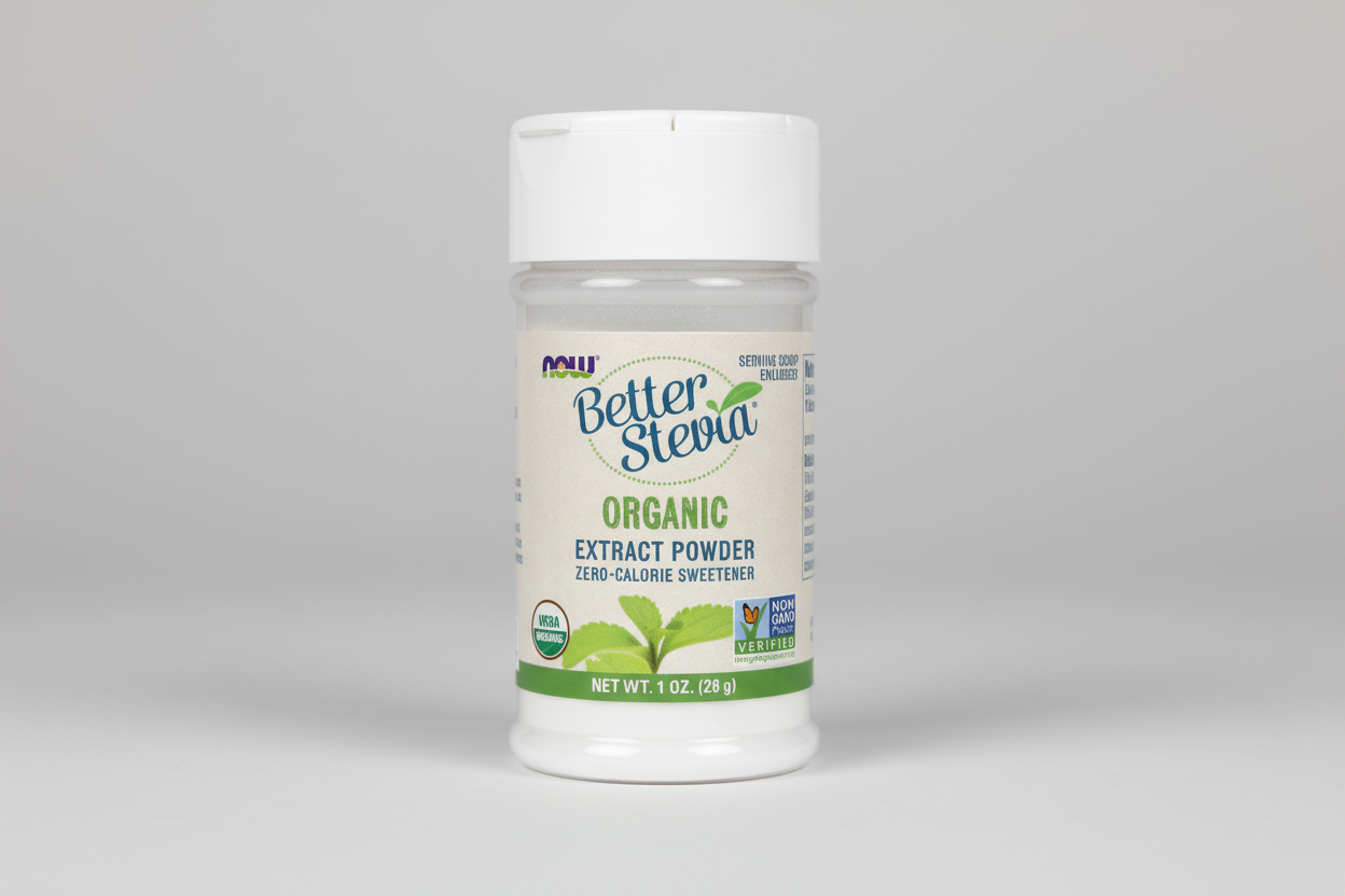 Bottle of Better Stevia Organic Extract Powder on a white background