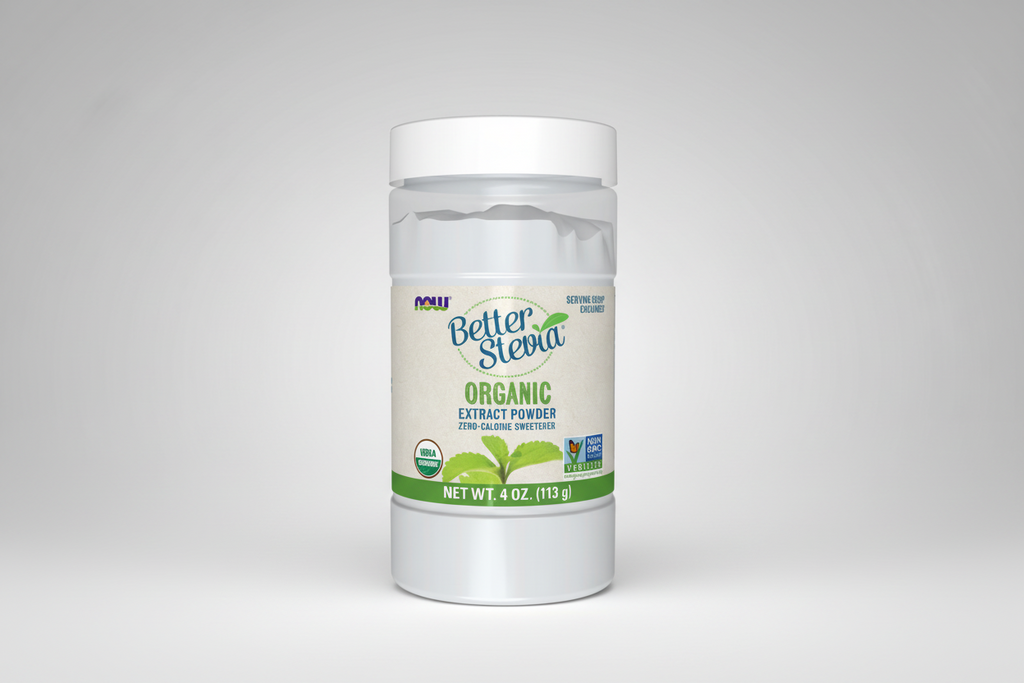 Container of Better Stevia Organic Extract Powder on a white background