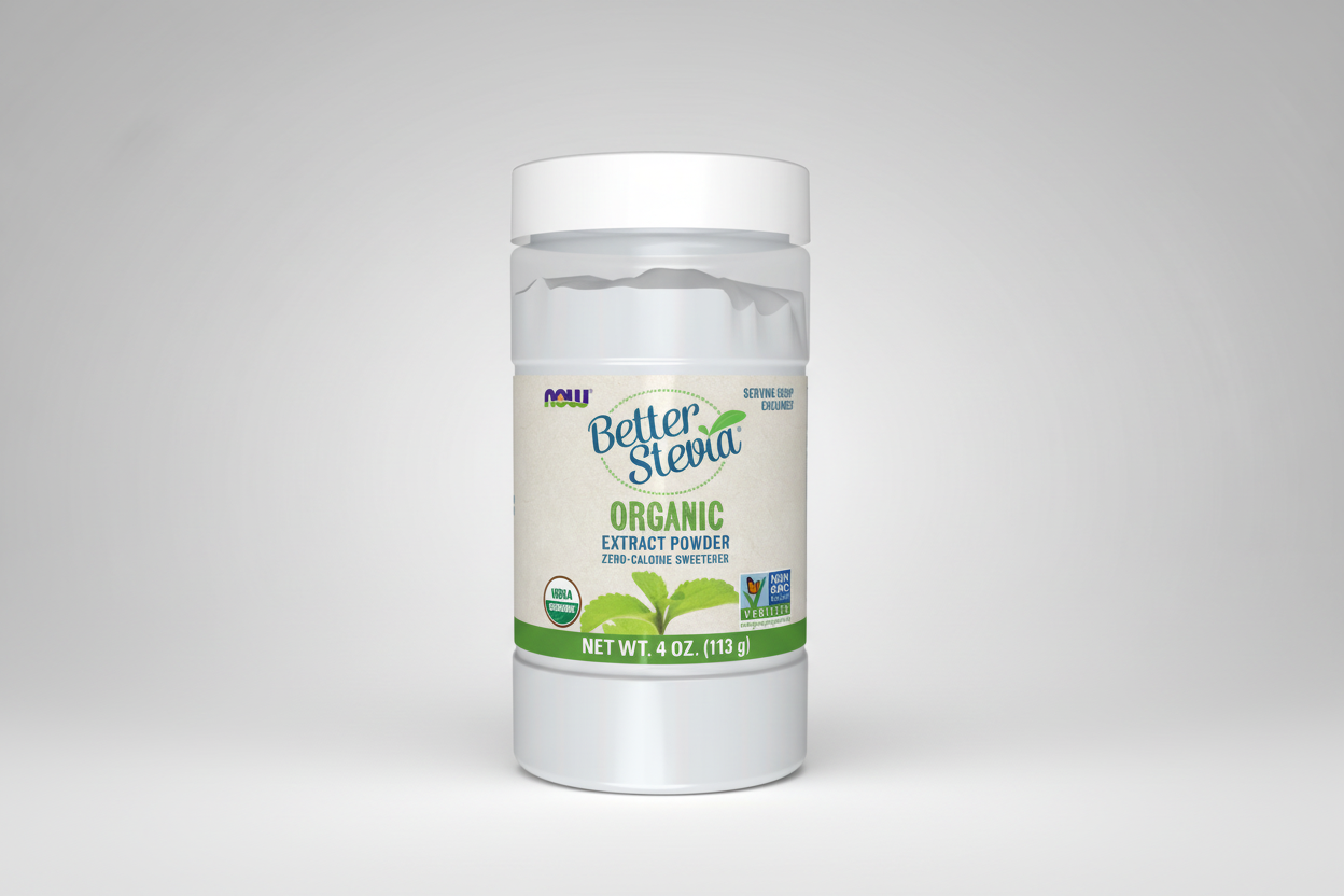 Container of Better Stevia Organic Extract Powder on a white background