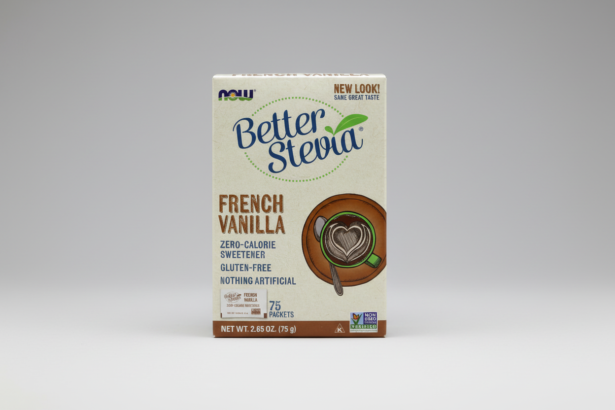 Box of Better Stevia French Vanilla sweetener on a white background