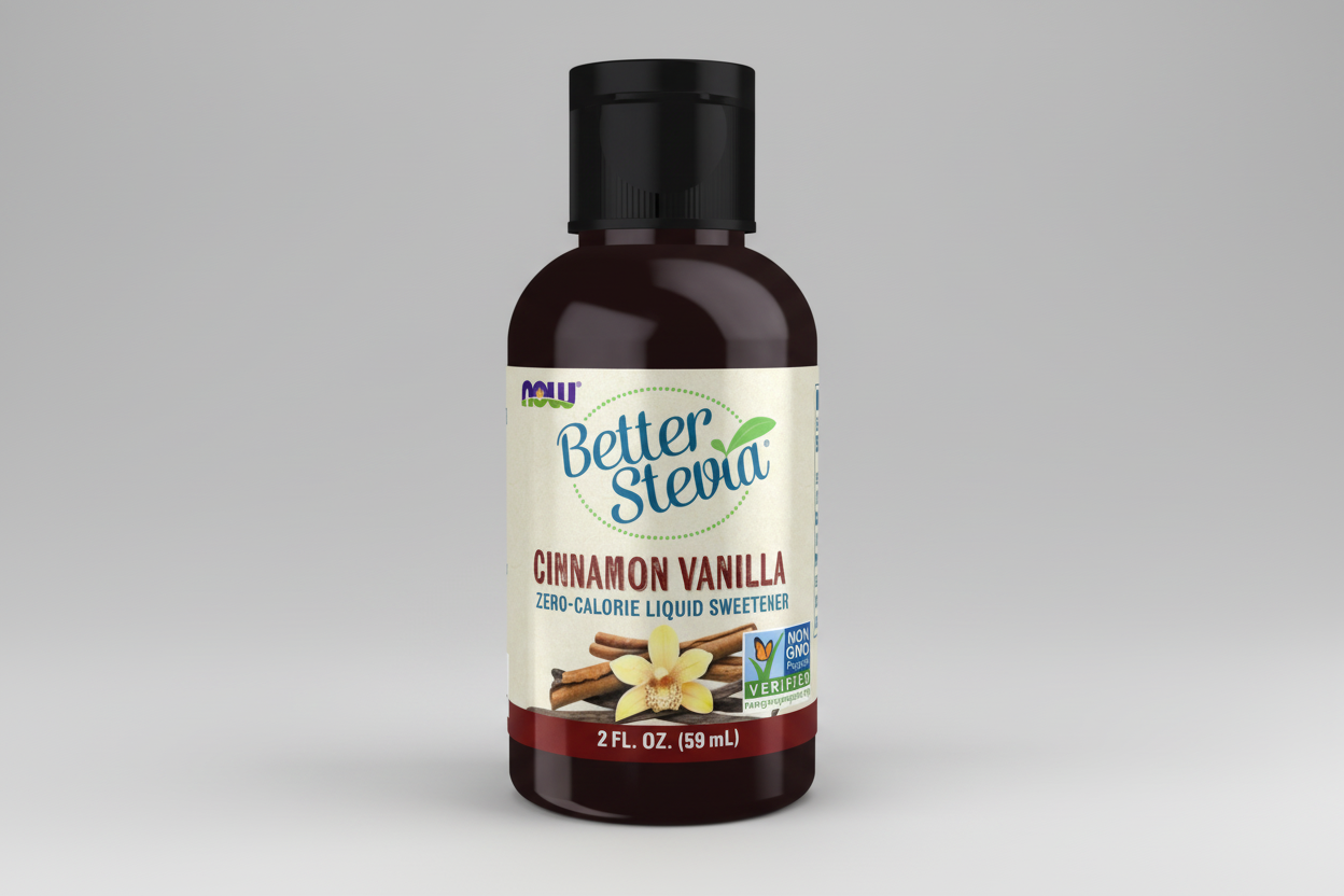 Bottle of Better Stevia Cinnamon Vanilla sweetener on a white background