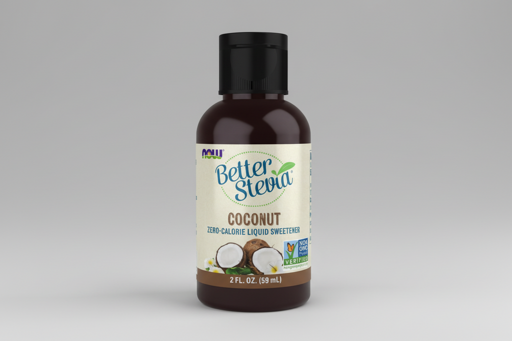 Bottle of Better Stevia Coconut sweetener on a white background