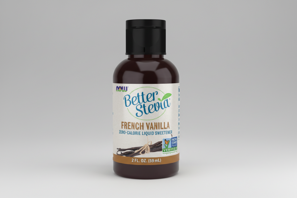 Bottle of Better Stevia French Vanilla liquid sweetener on a white background
