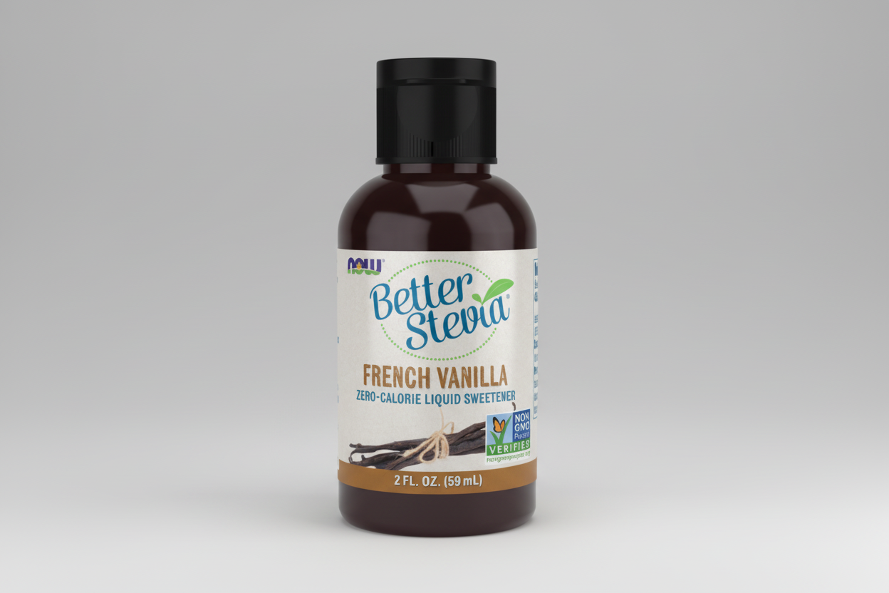 Bottle of Better Stevia French Vanilla liquid sweetener on a white background