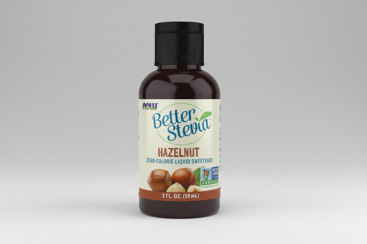 Bottle of Better Stevia Hazelnut liquid sweetener on a white background