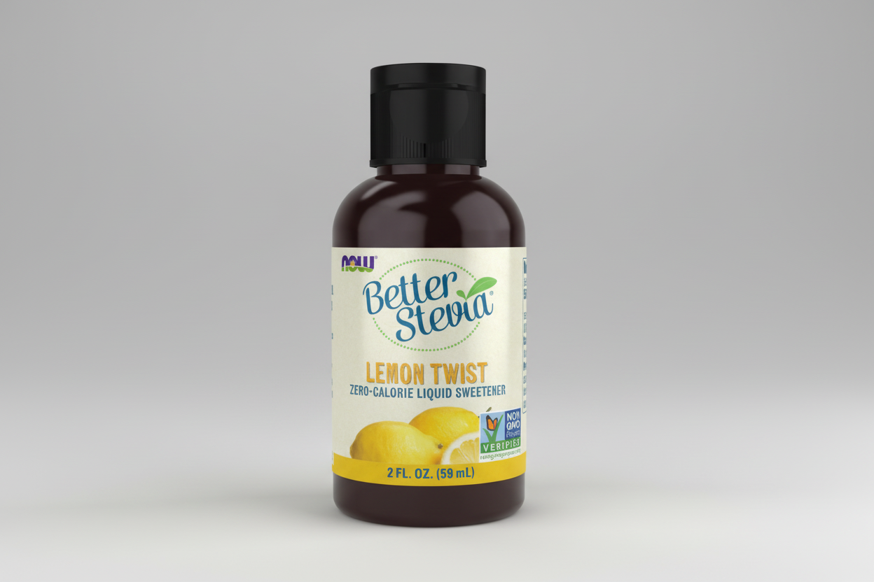 Bottle of Better Stevia Lemon Twist liquid sweetener on a white background