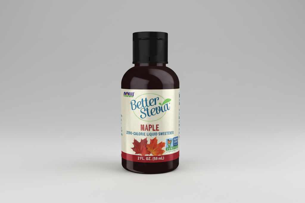 Bottle of Better Stevia Maple liquid sweetener on a white background