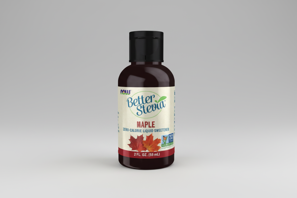 Bottle of Better Stevia Maple liquid sweetener on a white background