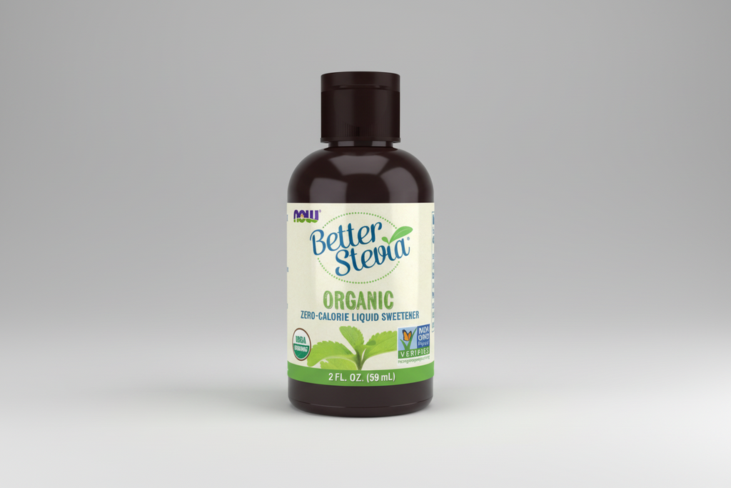 Bottle of Better Stevia organic liquid sweetener on a white background