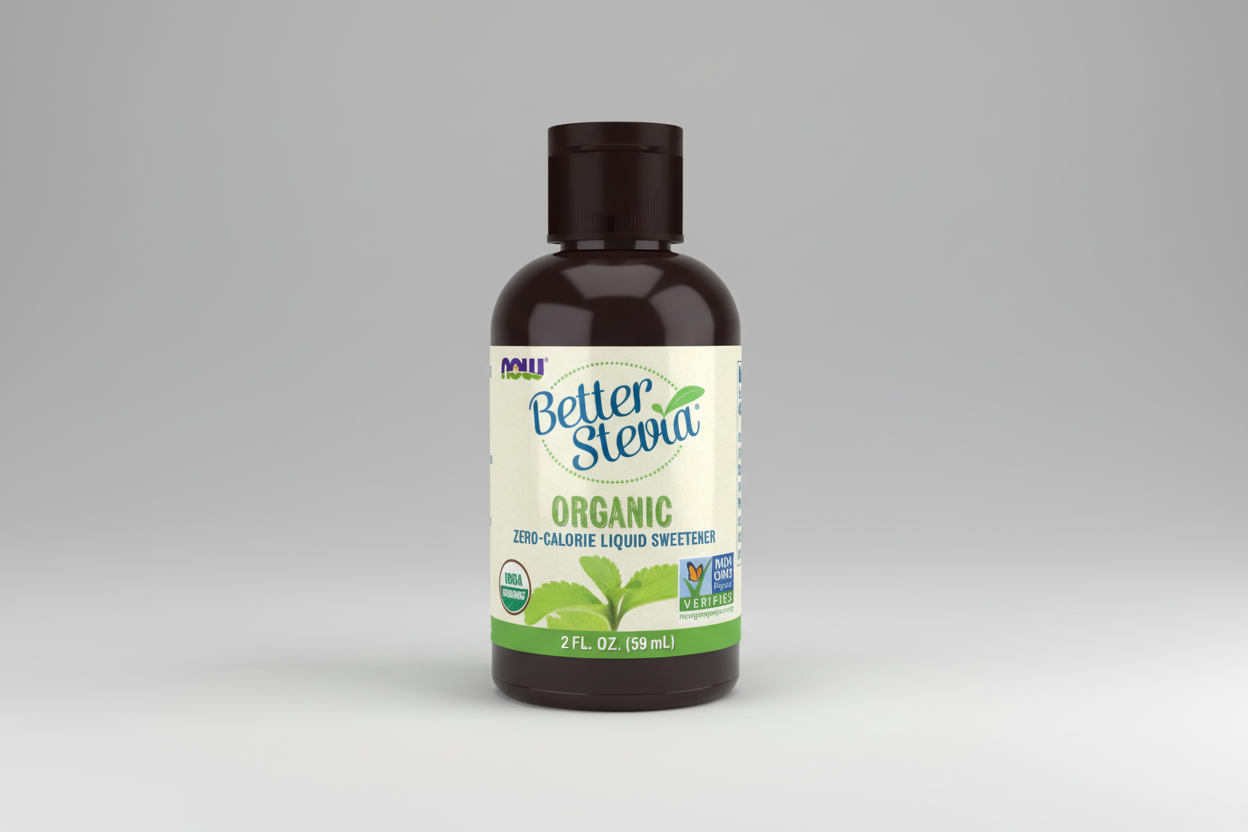 Bottle of Better Stevia organic liquid sweetener on a white background