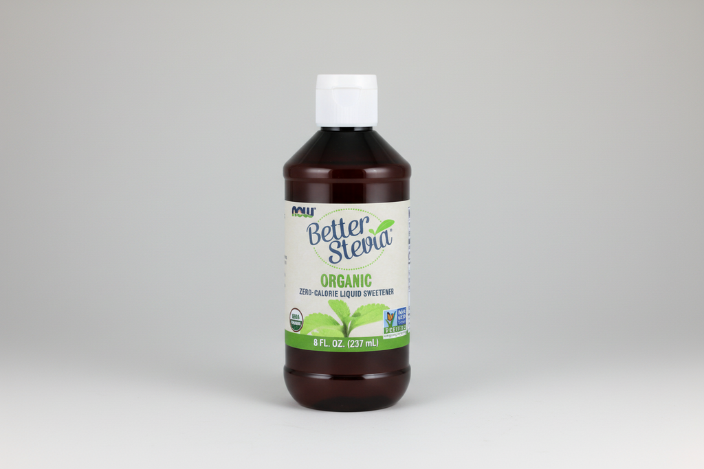 Bottle of Better Stevia organic liquid sweetener on a white background