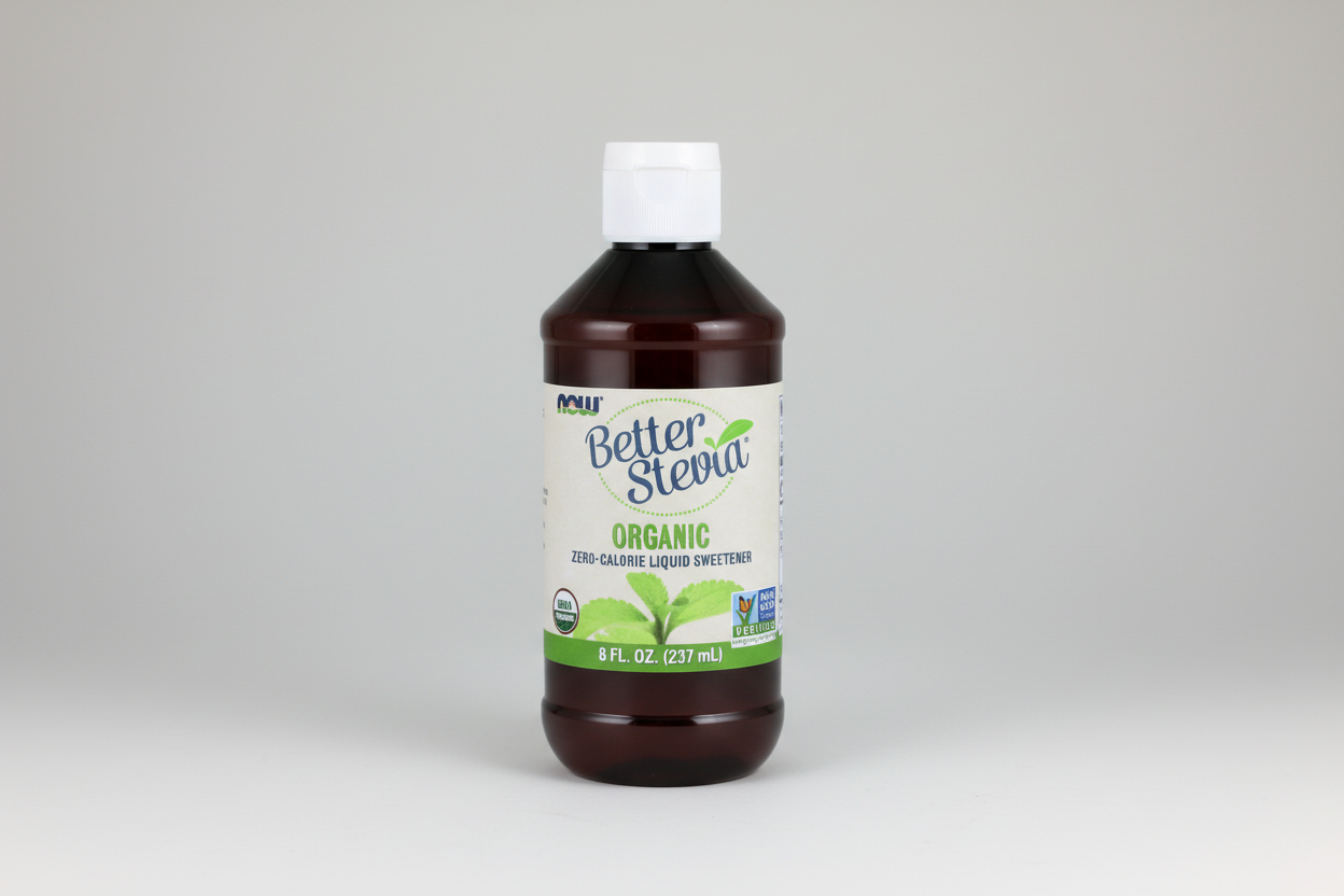 Bottle of Better Stevia organic liquid sweetener on a white background