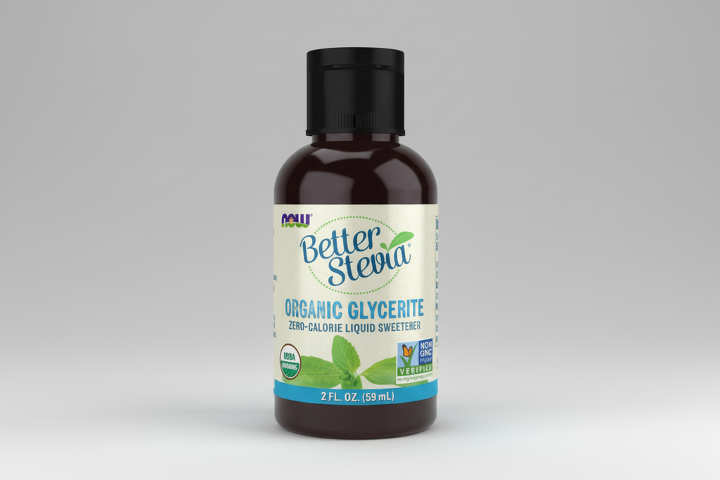 Bottle of Better Stevia Organic Glycerite on a white background