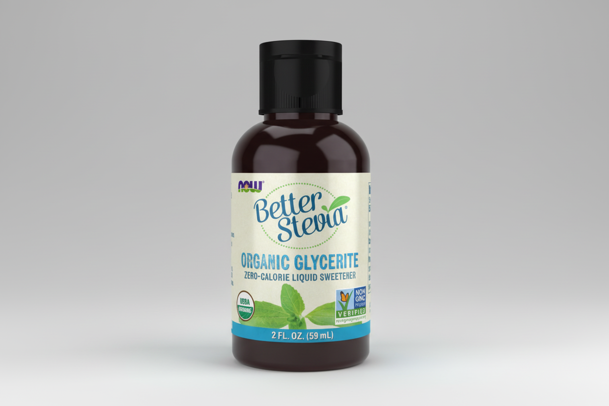 Bottle of Better Stevia Organic Glycerite on a white background