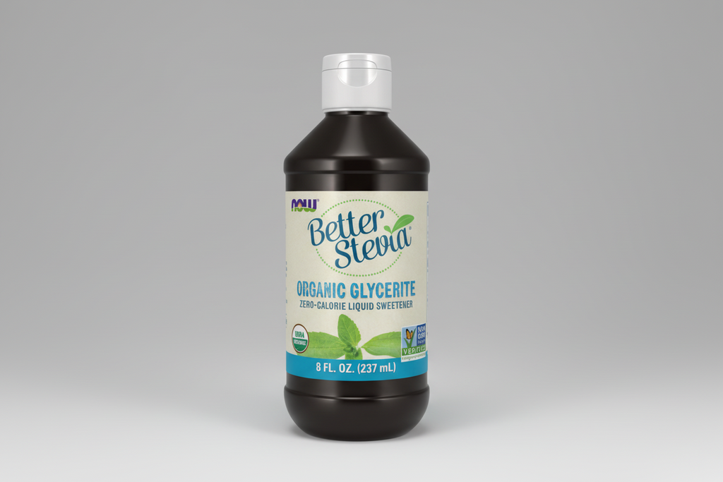 Bottle of Better Stevia Organic Glycerite sweetener on a white background