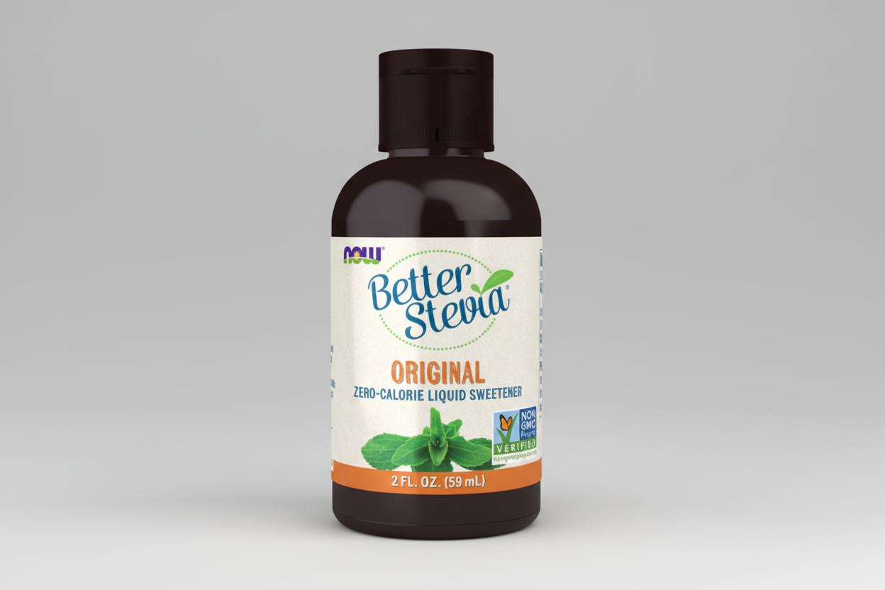 Bottle of Better Stevia liquid sweetener on a white background