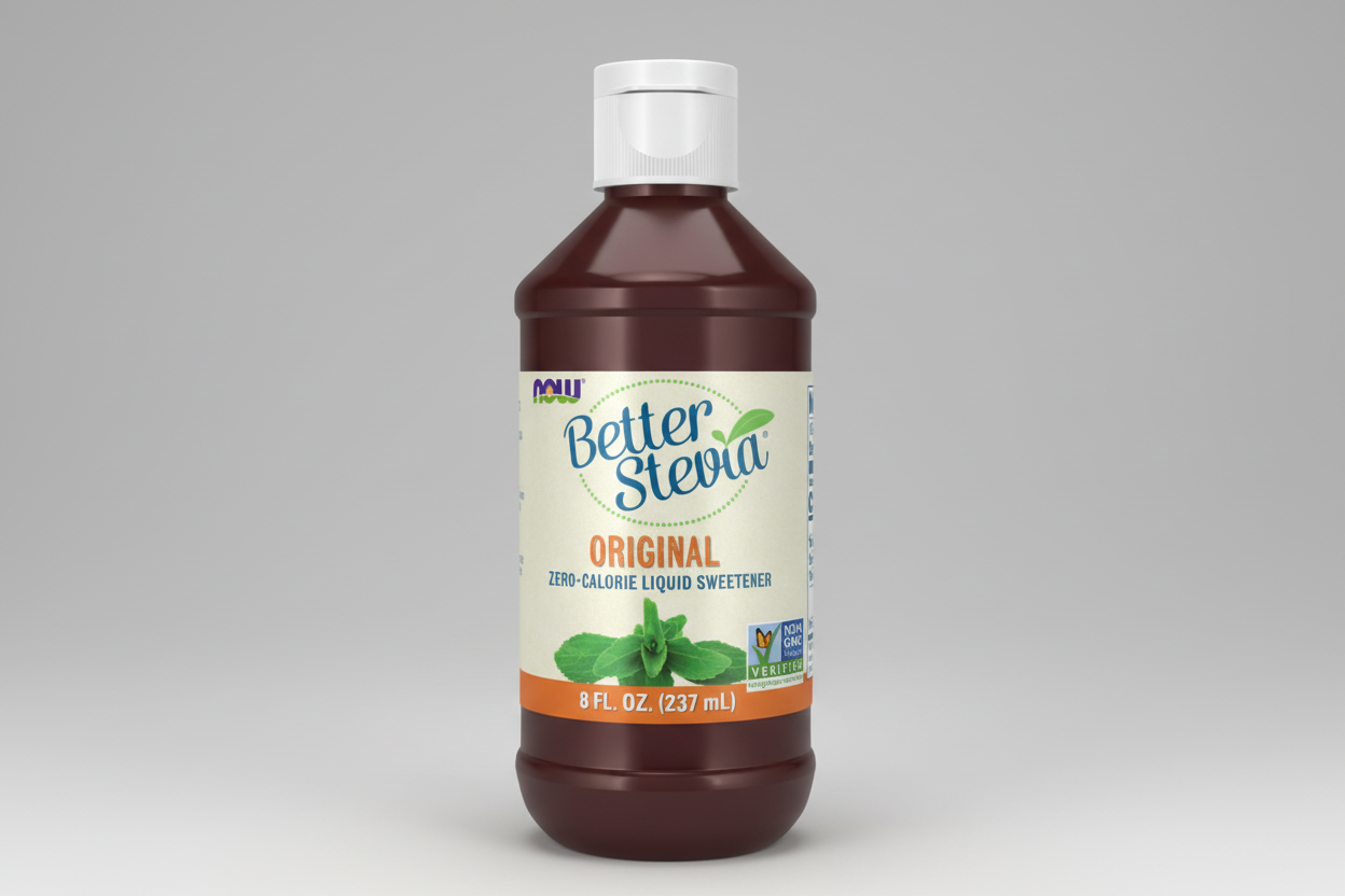 Bottle of Better Stevia liquid sweetener on a white background
