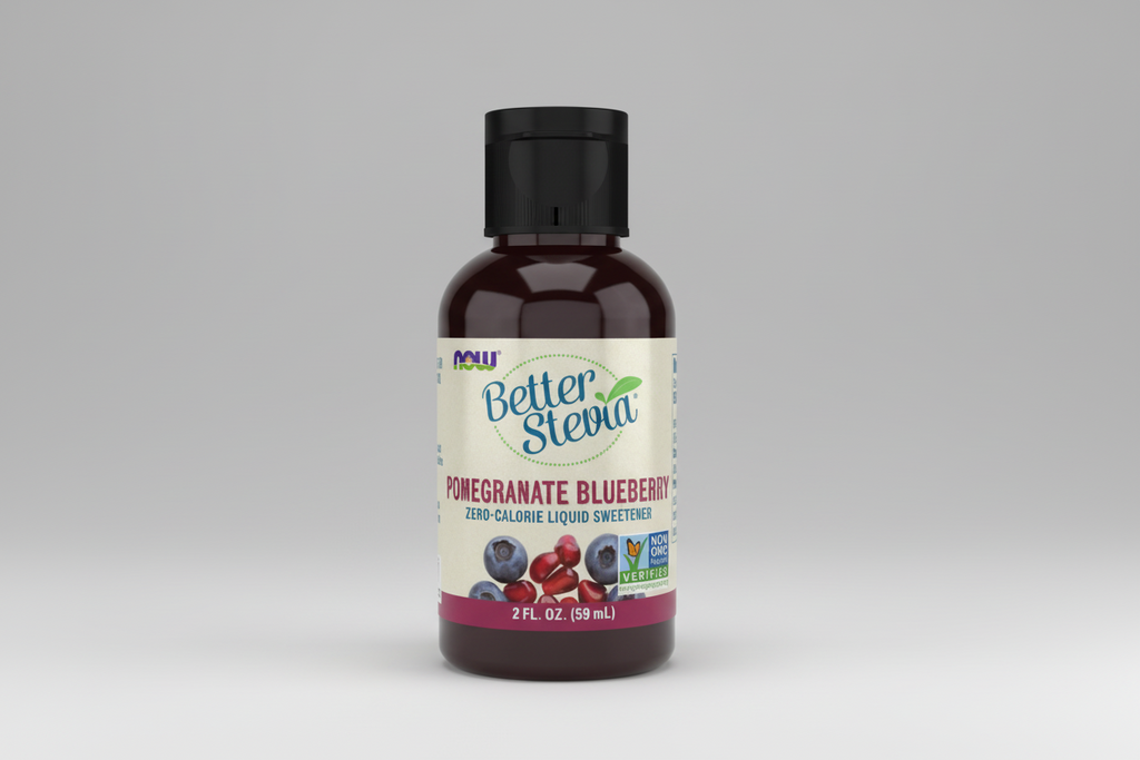 Bottle of Better Stevia Pomegranate Blueberry liquid sweetener on a white background