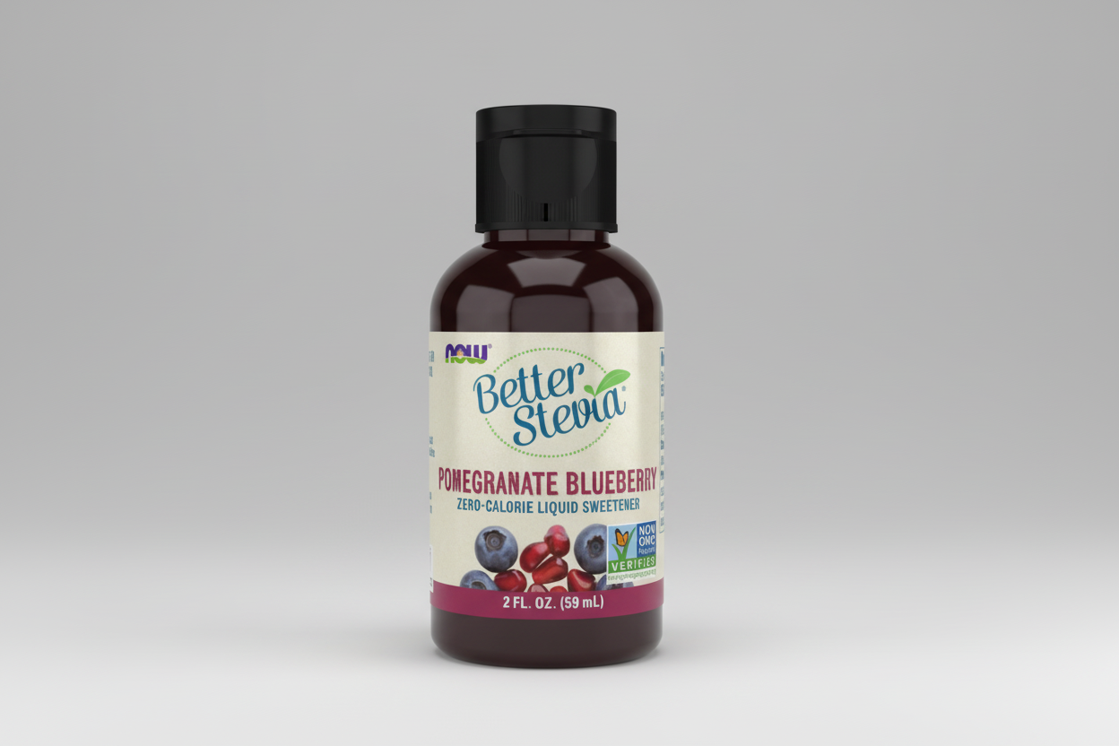 Bottle of Better Stevia Pomegranate Blueberry liquid sweetener on a white background